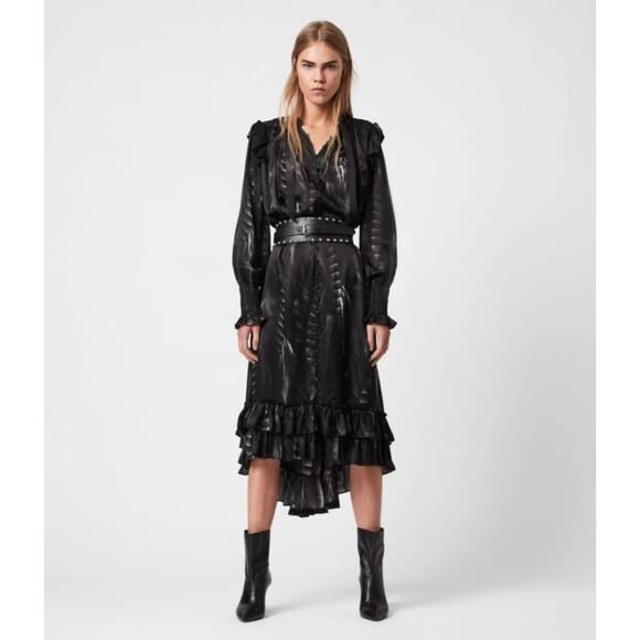 Nwot ALLSAINTS Dress 2 Silk Black Grey Abstract Ruffle Button-Up Puff-Balloon-Sl